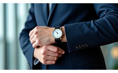 A man in a sharp business suit checking his elegant dress watch in an office setting